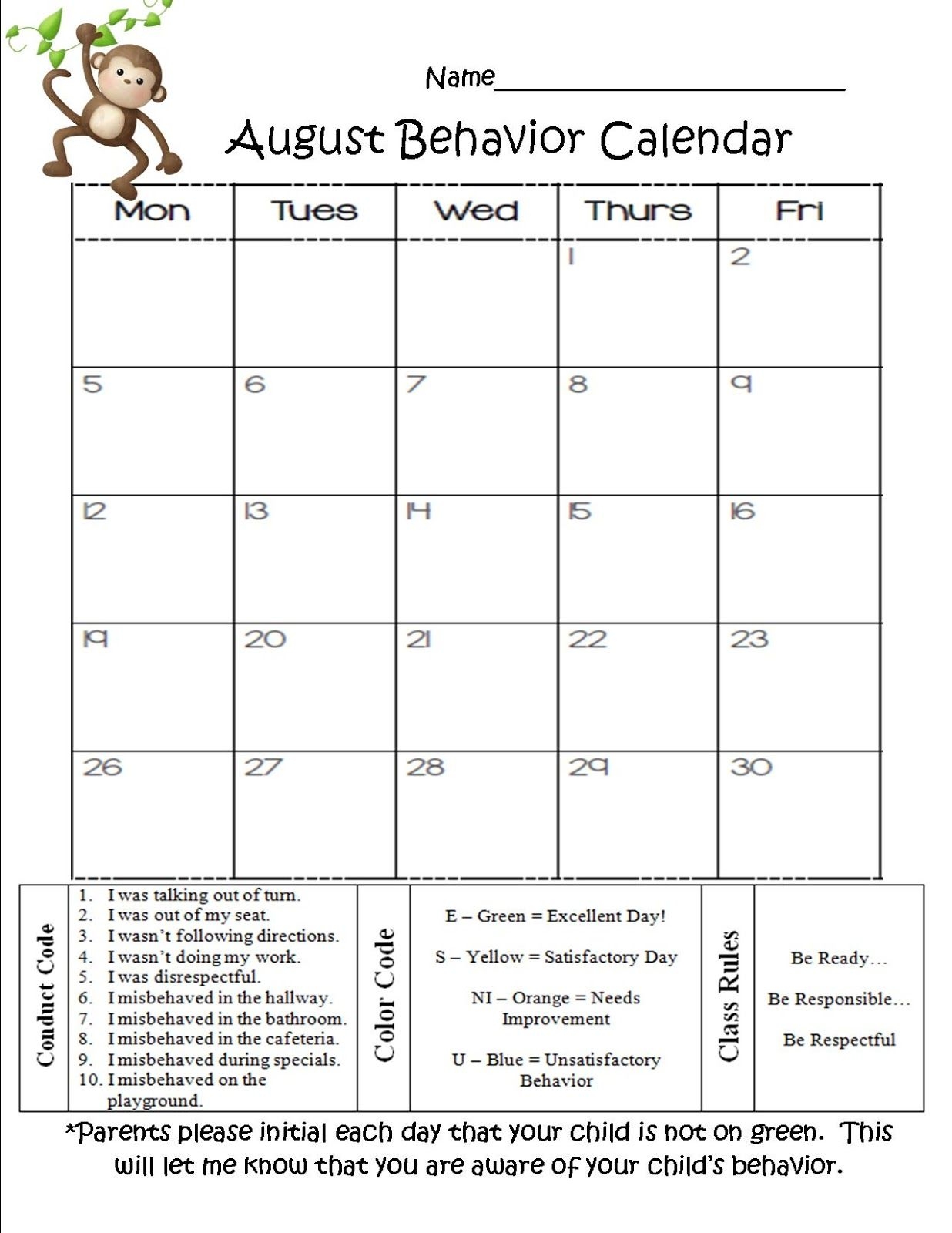 Mrs Cook's 2nd Grade Blog: Monthly Behavior Calendar