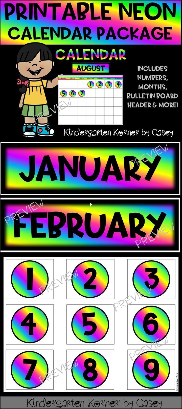 Neon Printable Calendar Set Months Numbers 1 To 31 Bulletin