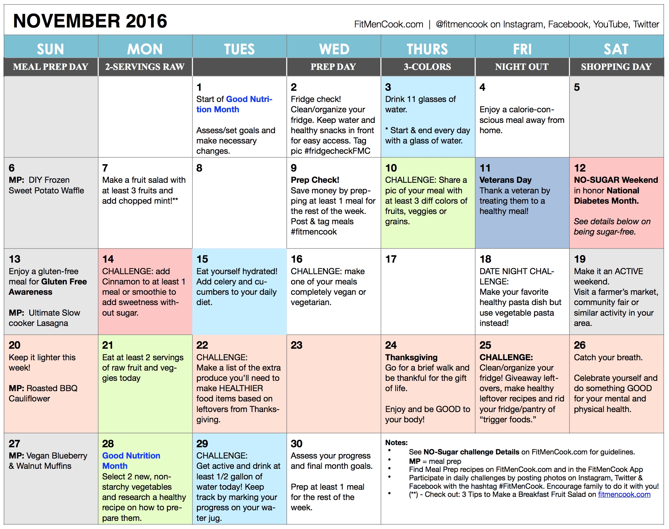 november 2016 healthy habits calendar