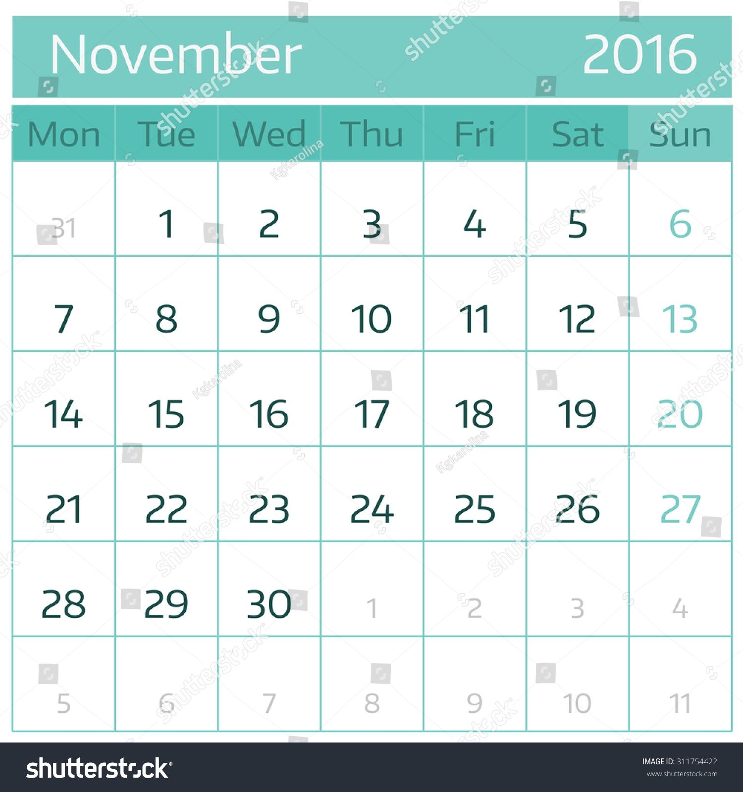 November 2016 Simple European Calendar 2016 Stock Vector