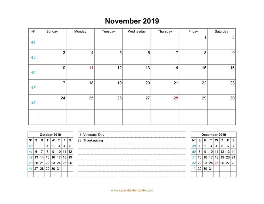 November 2019 Calendar With Previous And Next Month (bottom)