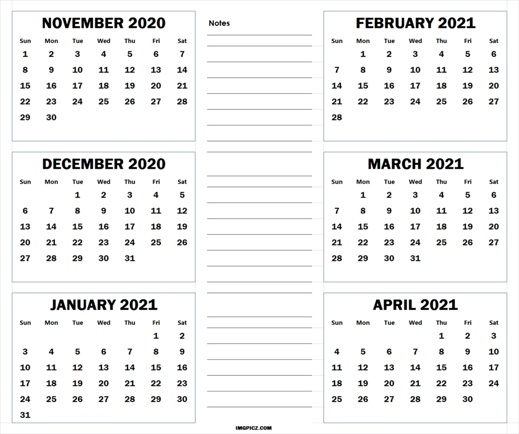November 2020 To April 2021 Calendar Template | 6 Months