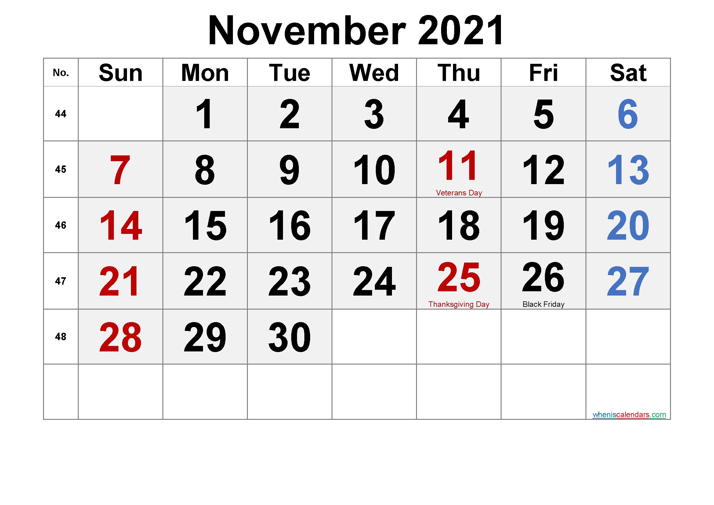 November 2021 Calendar With Holidays Printable Template No