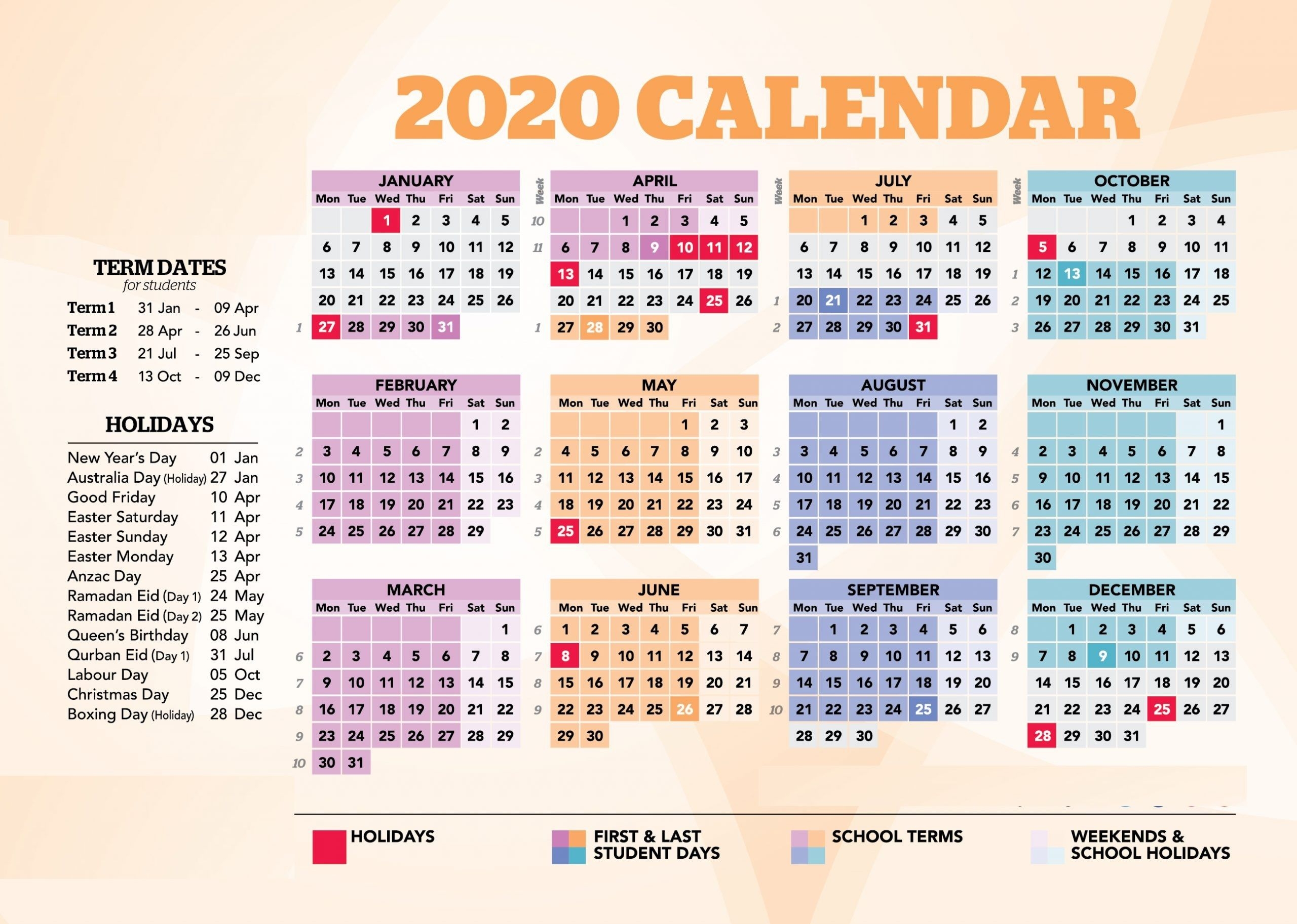 Nsw Calendar 2020 With Holidays [australia]