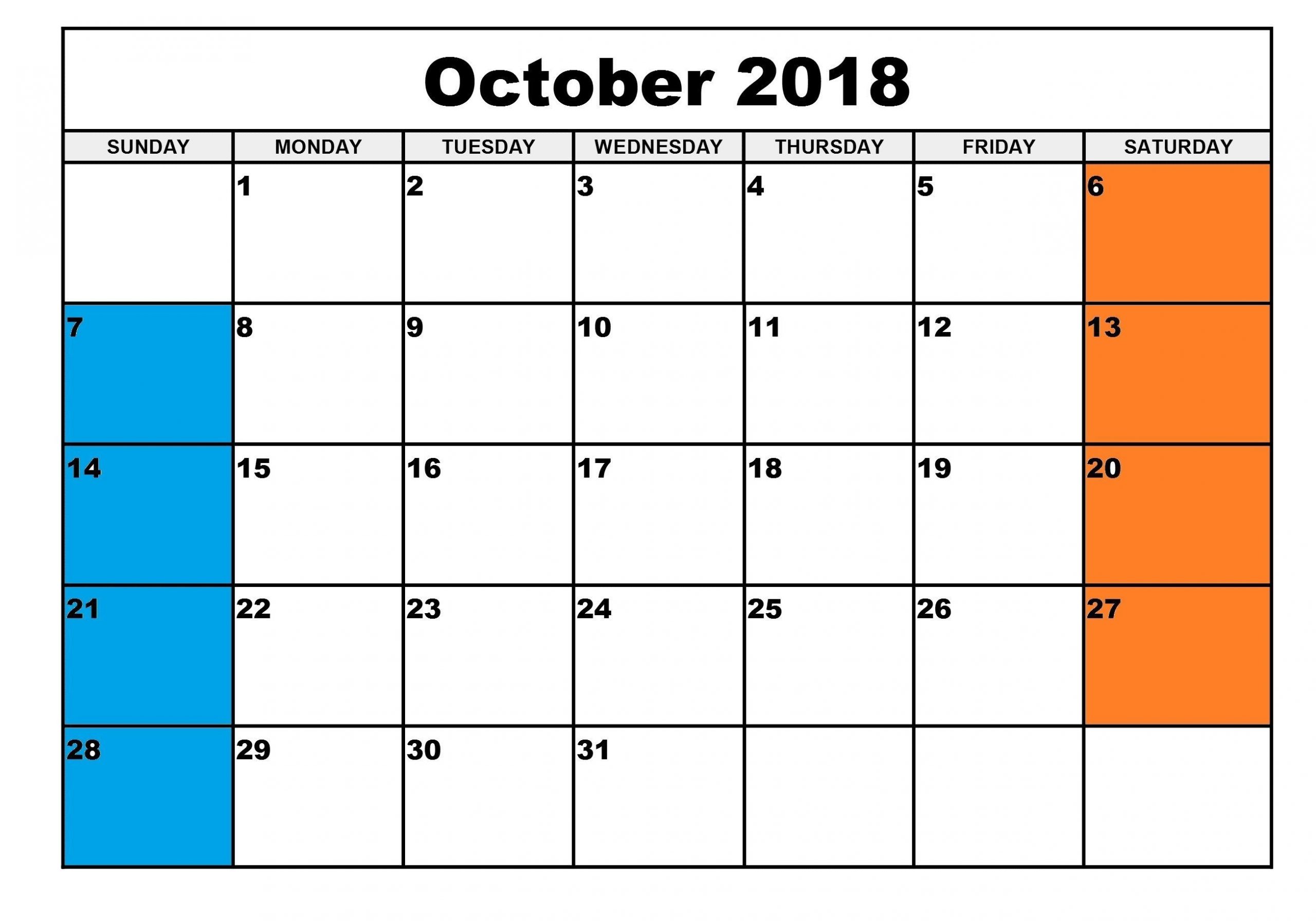 october 2018 printable calendar highlight weekend with