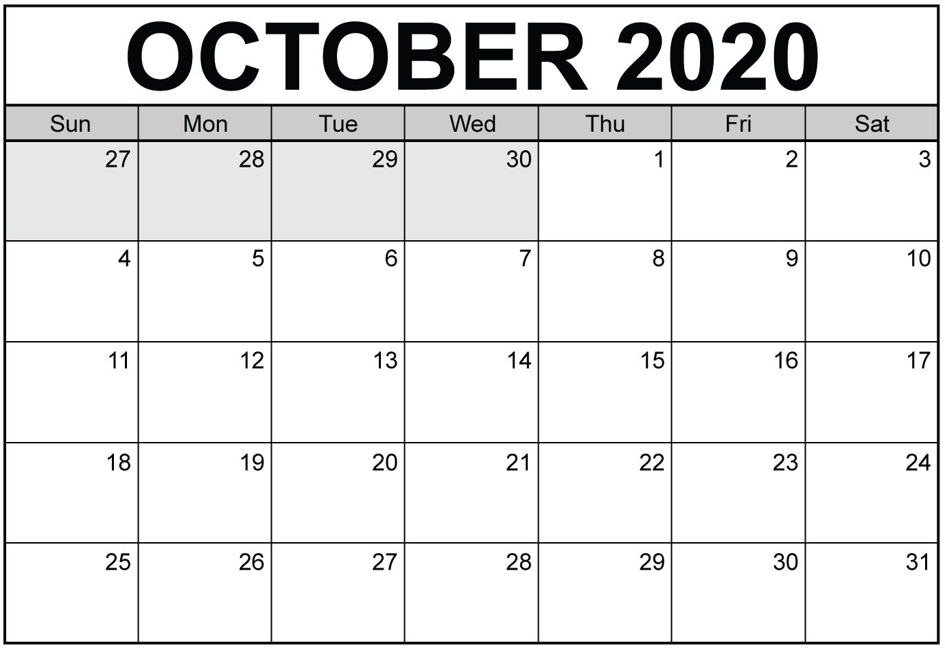 October 2020 Calendar With Holidays List Printable Template