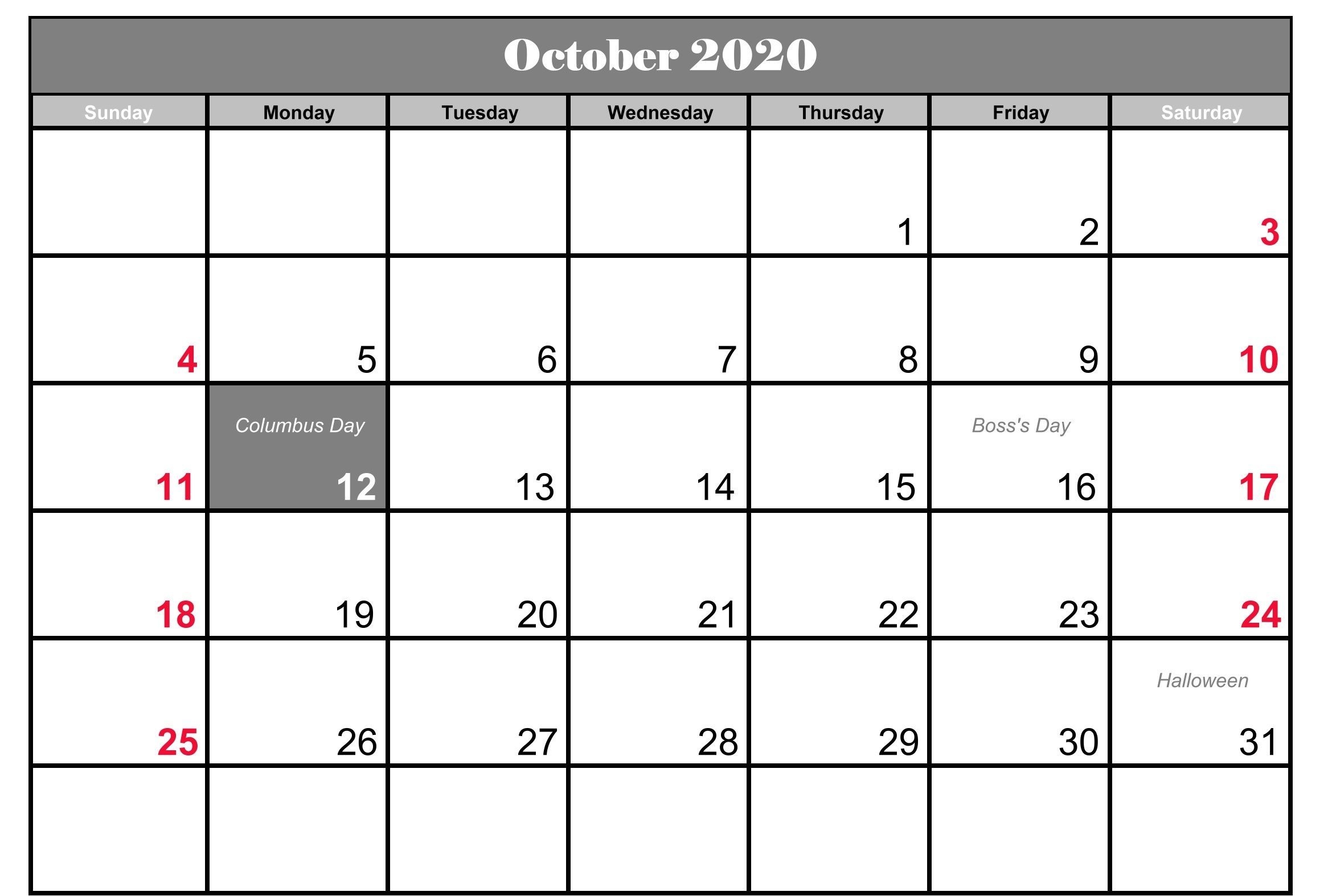 October 2020 Holidays Calendar Template | Holiday Calendar