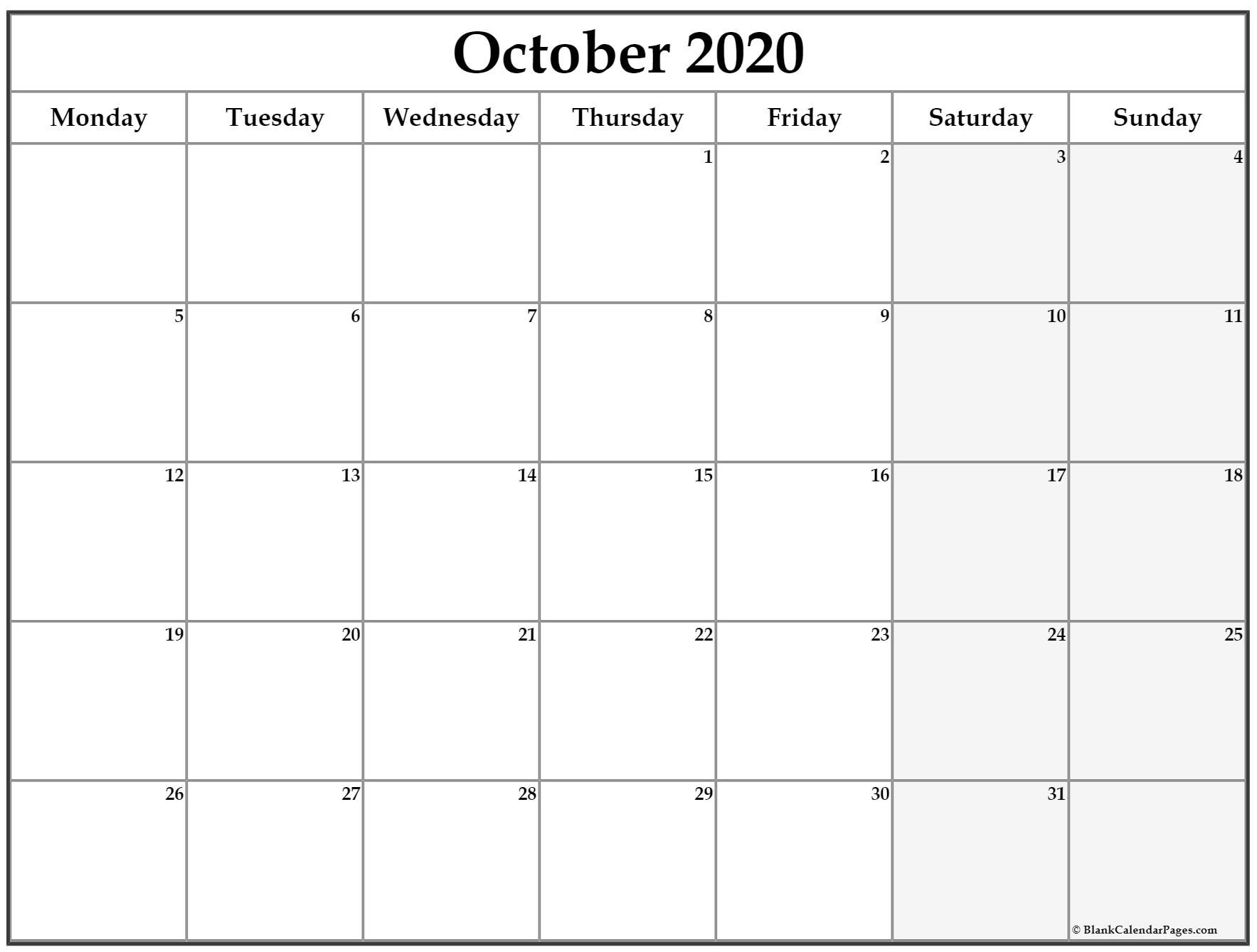 October 2020 Monday Calendar | Monday To Sunday