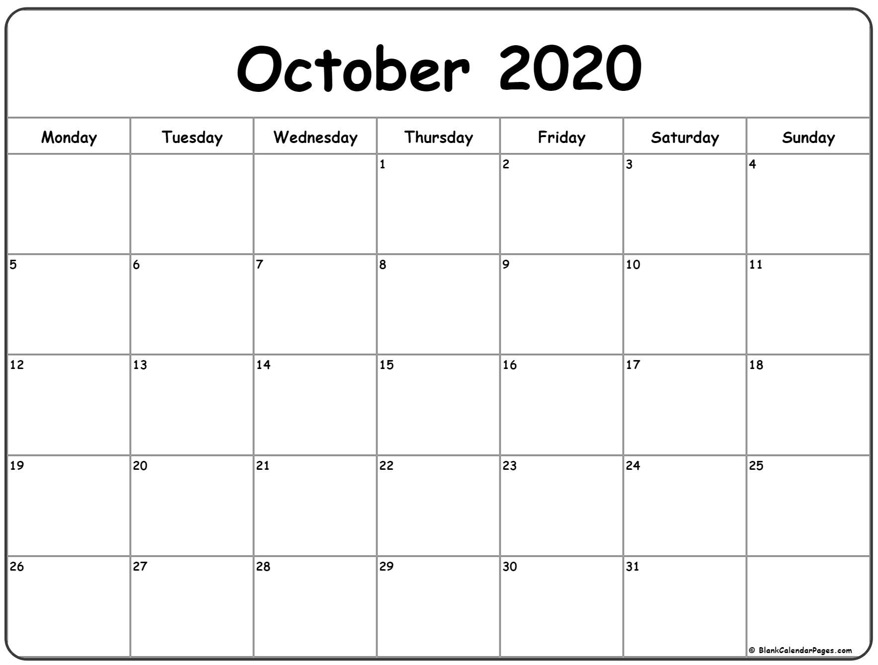 october 2020 monday calendar | monday to sunday