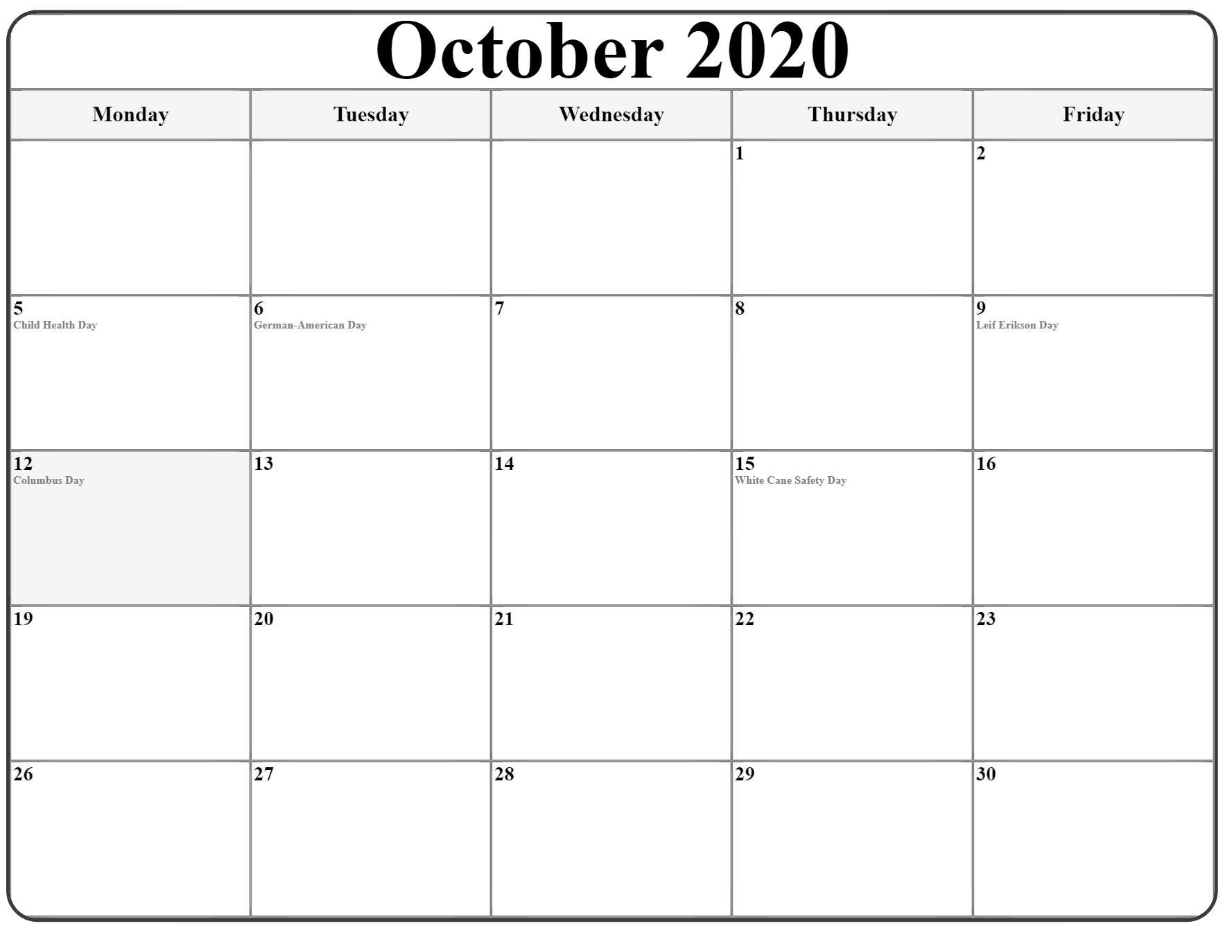 October 2020 Monday Calendar | Monday To Sunday