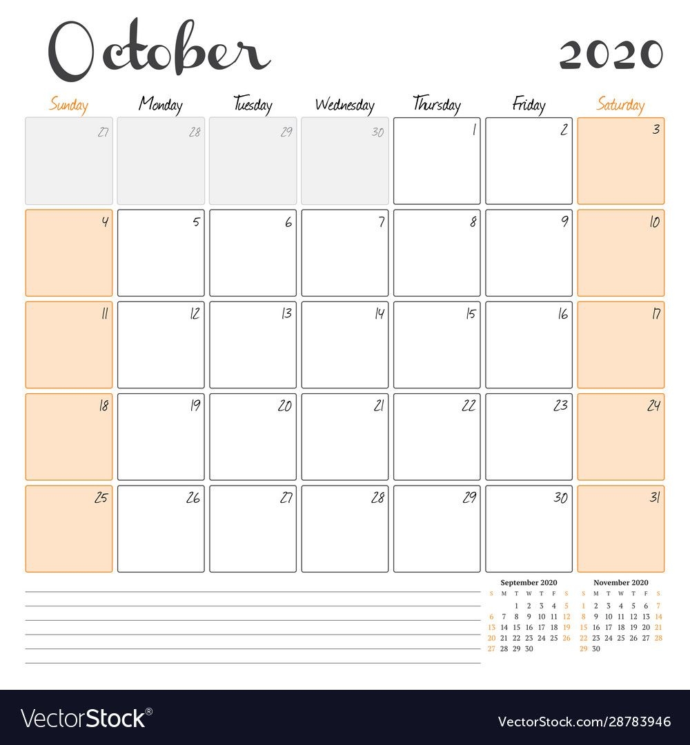 October 2020 Monthly Calendar Planner Printable