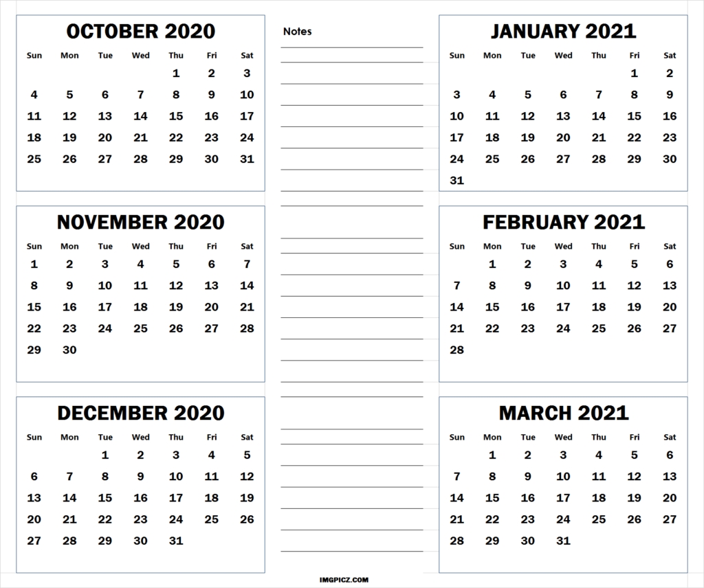 October 2020 To March 2021 Calendar Template | 6 Months 2020