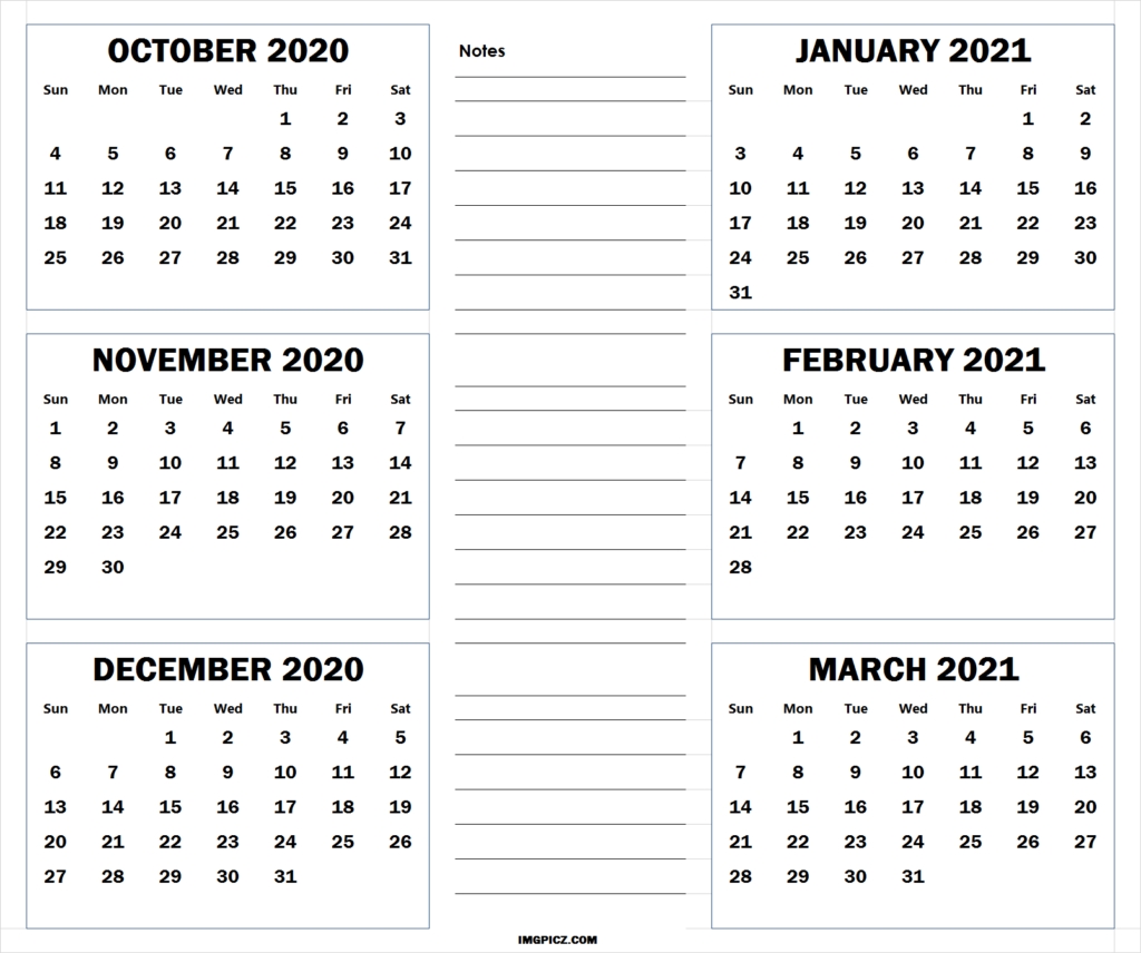 october 2020 to march 2021 calendar template | 6 months 2020