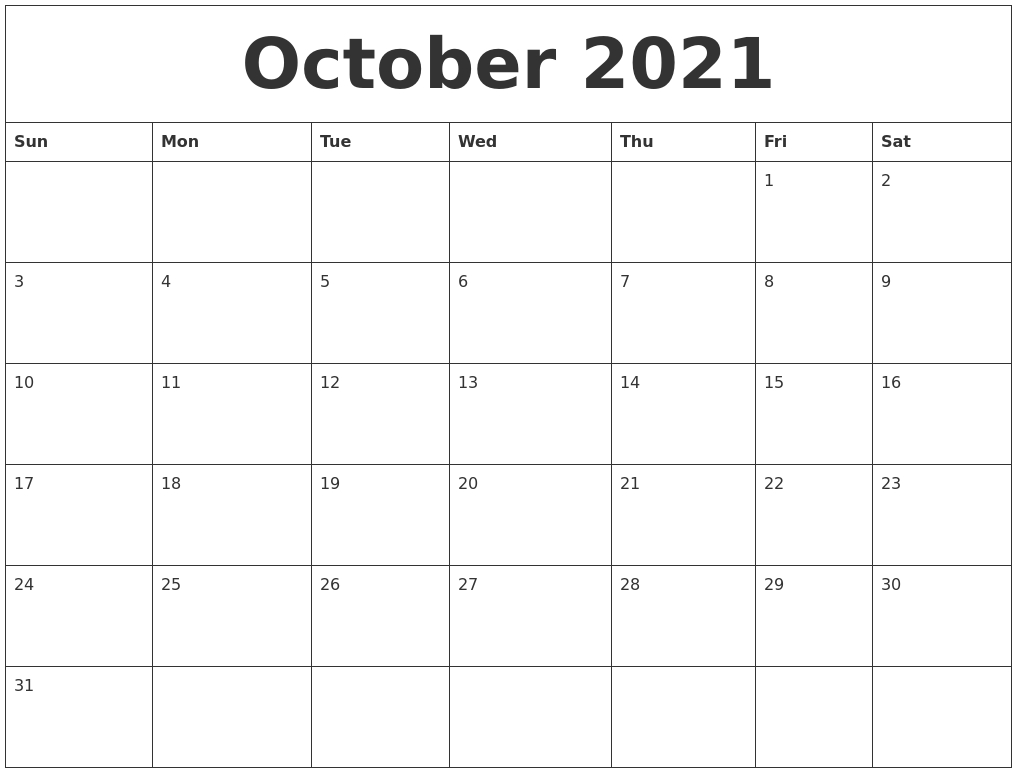 October 2021 Blank Monthly Calendar Template