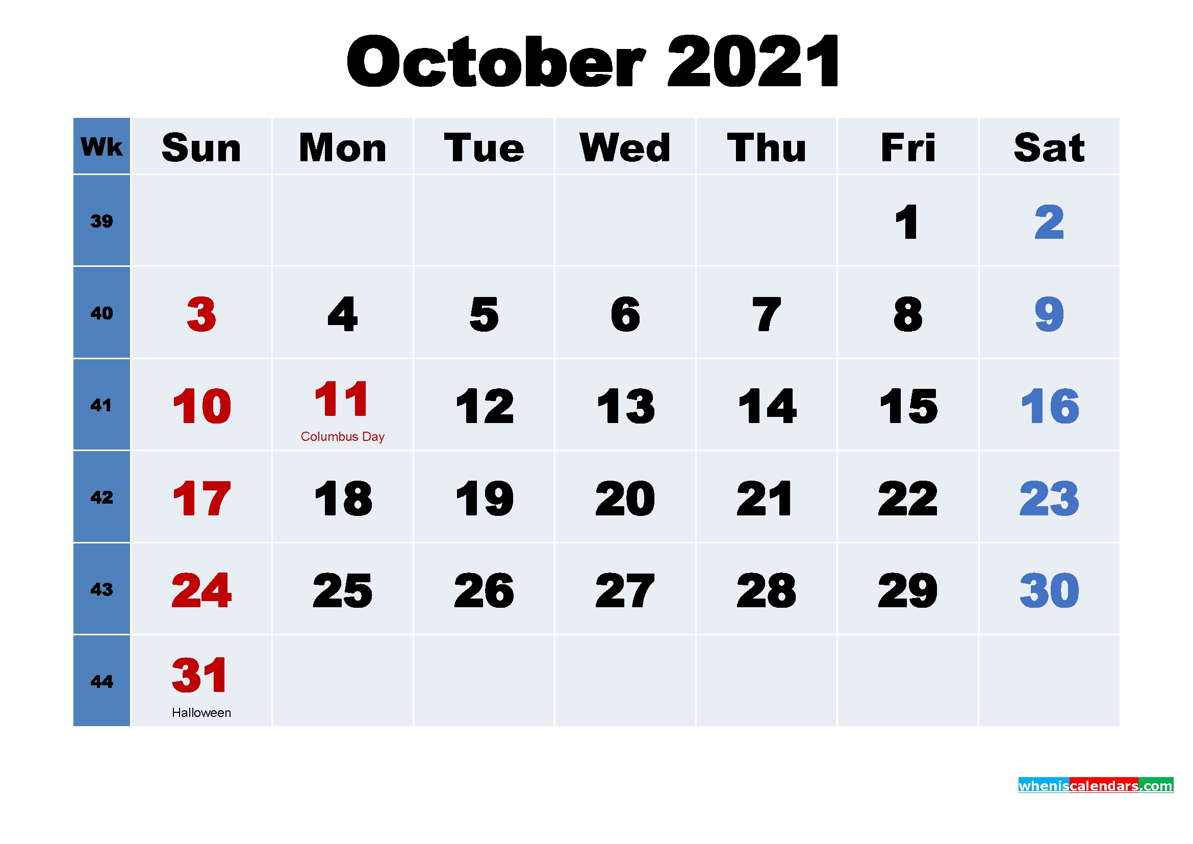 October 2021 Desktop Calendar With Holidays | Free Printable