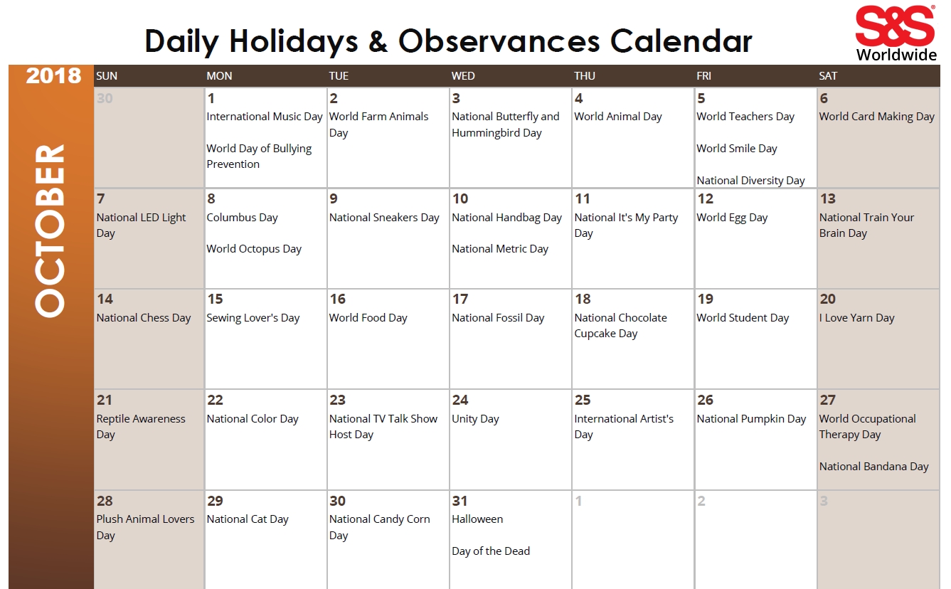 October Holidays And Observances Calendar 3 S&s Blog