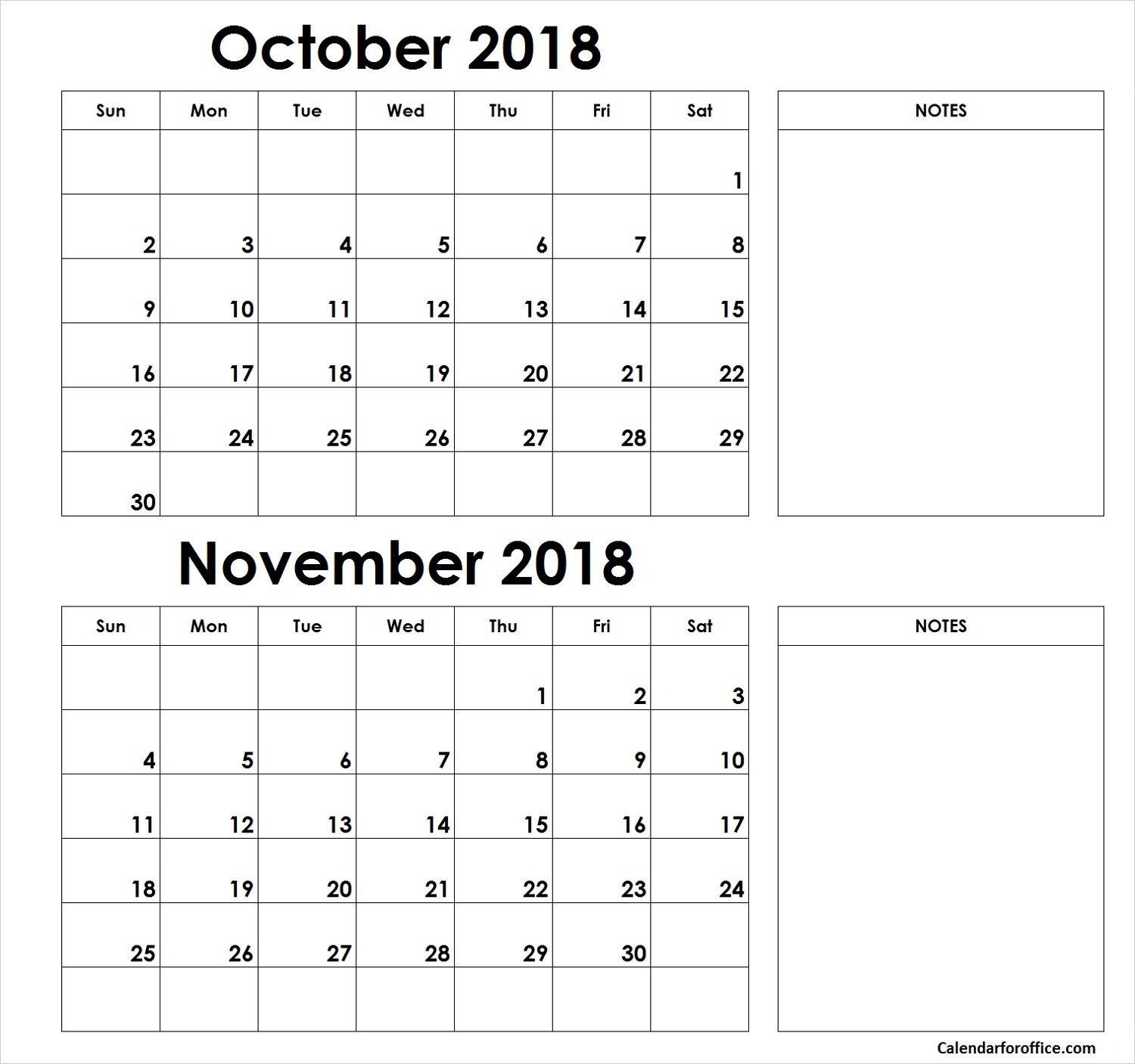 October November 2018 Calendar Print Template, Pdf, Word