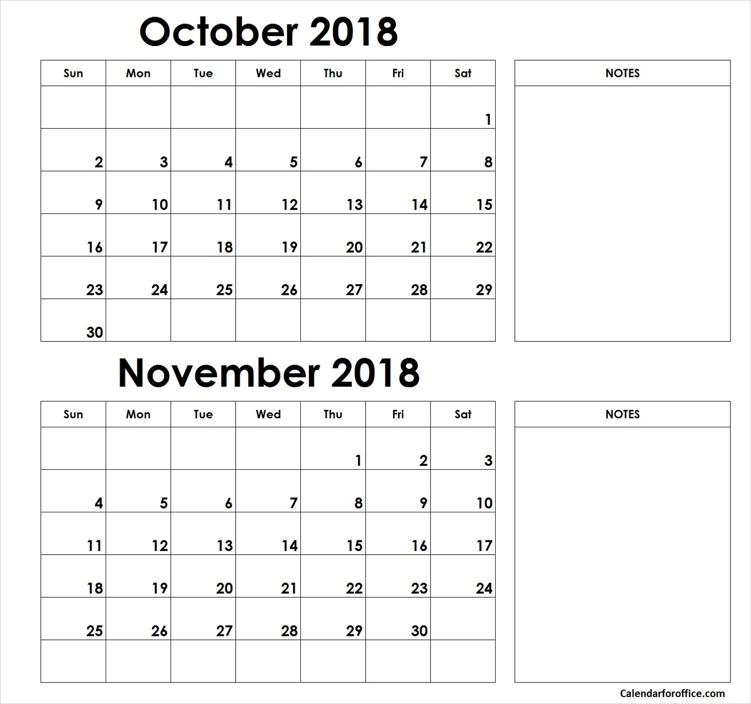 october november 2018 calendar print template, pdf, word