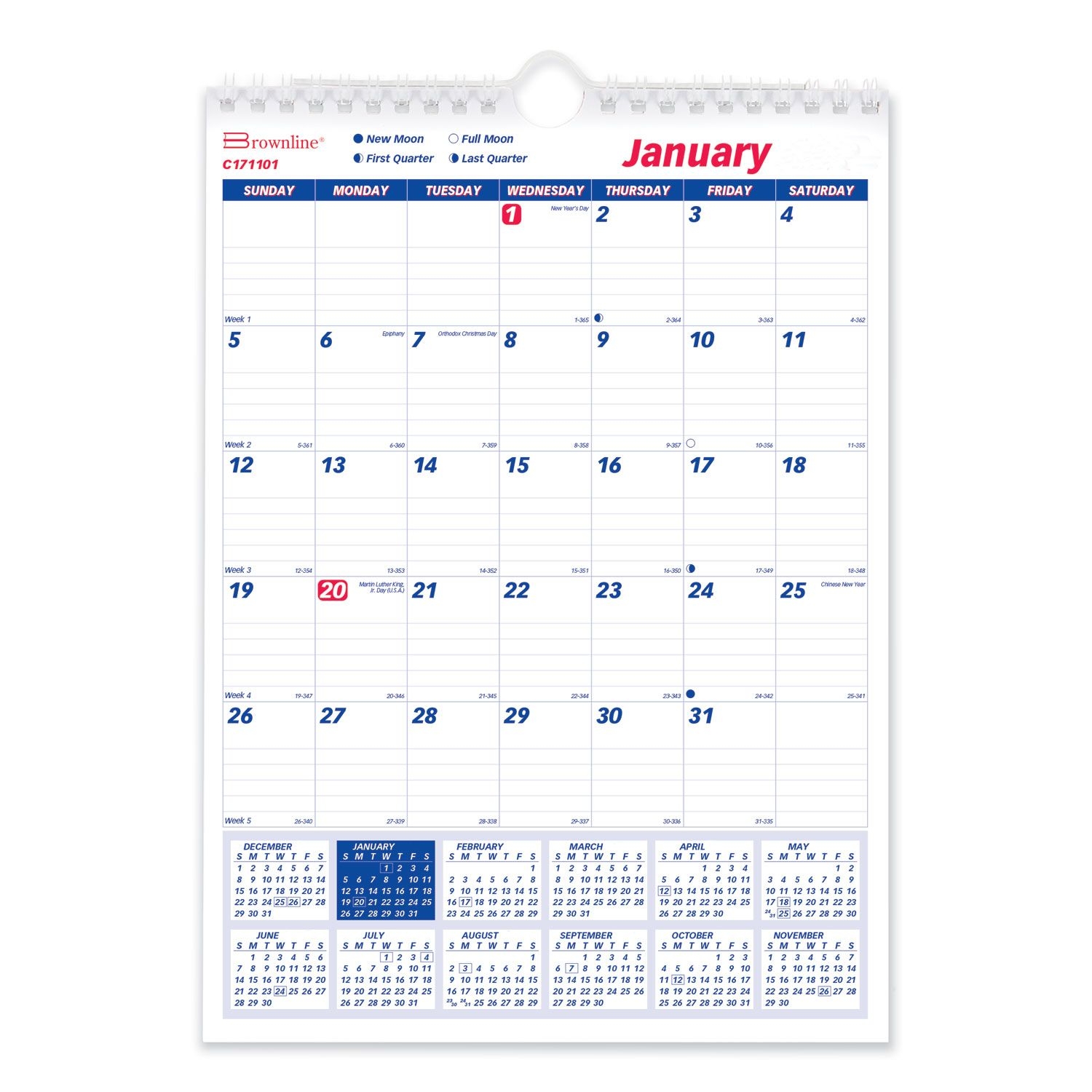 One Month Per Page Twin Wirebound Wall Calendar, 8 X 11, 2021