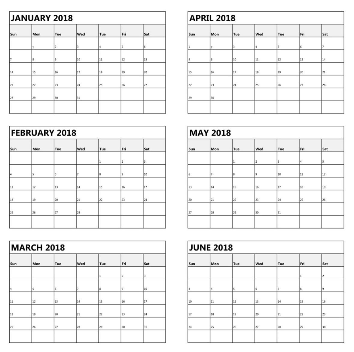 One Page 6 Month Calendar 2018 | Calendar Printables