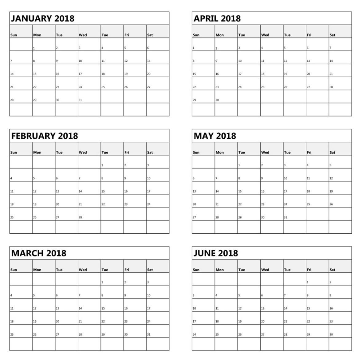 one page 6 month calendar 2018 | calendar printables