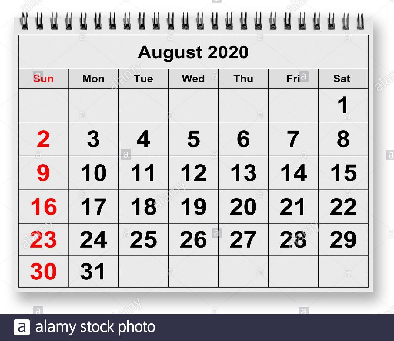 One Page Of The Annual Monthly Calendar Month August 2020