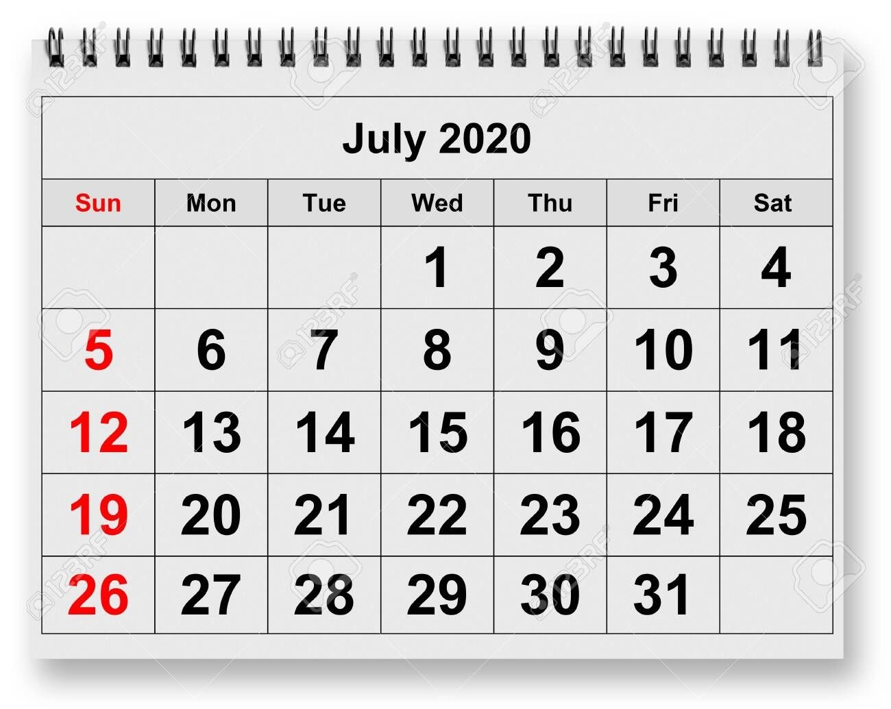one page of the annual monthly calendar month july 2020