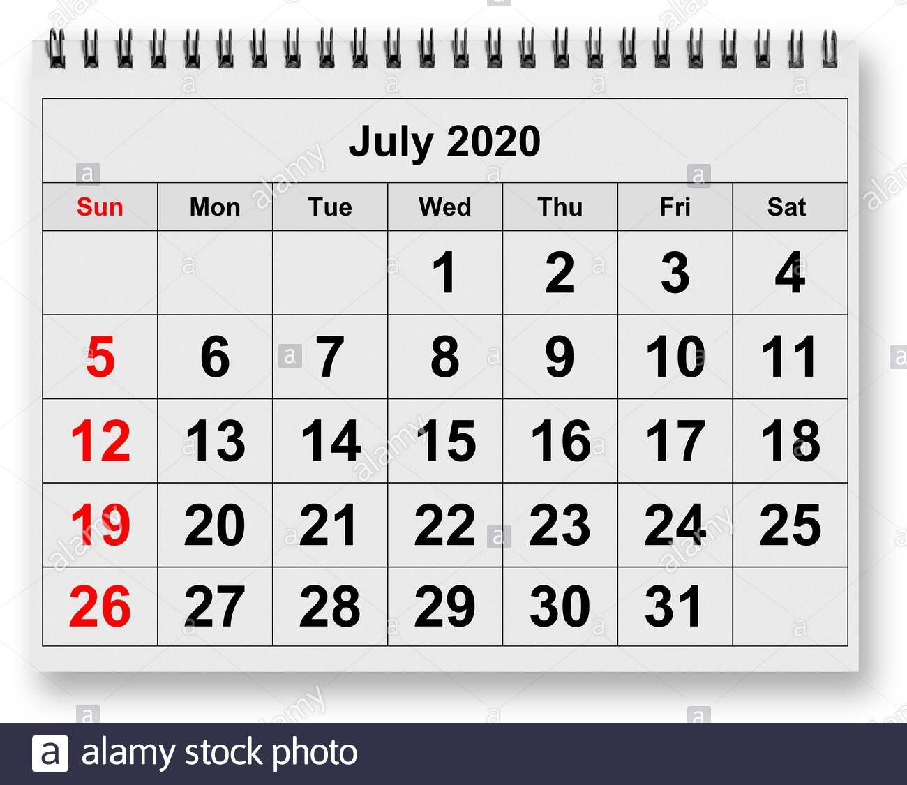 one page of the annual monthly calendar month july 2020
