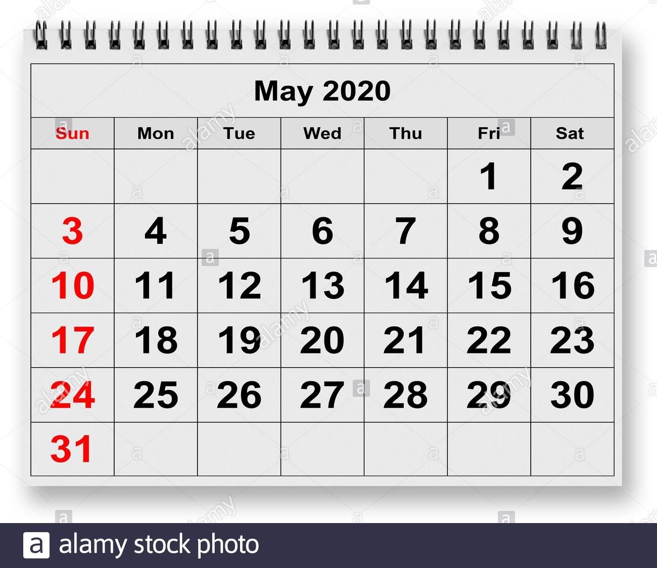 one page of the annual monthly calendar month may 2020