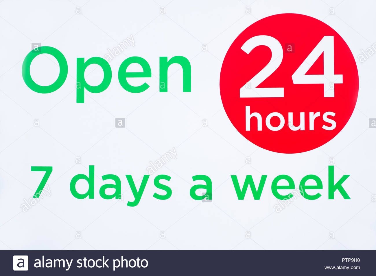 Open 24 Hours 7 Days A Week Round Circle Sign Red And Green