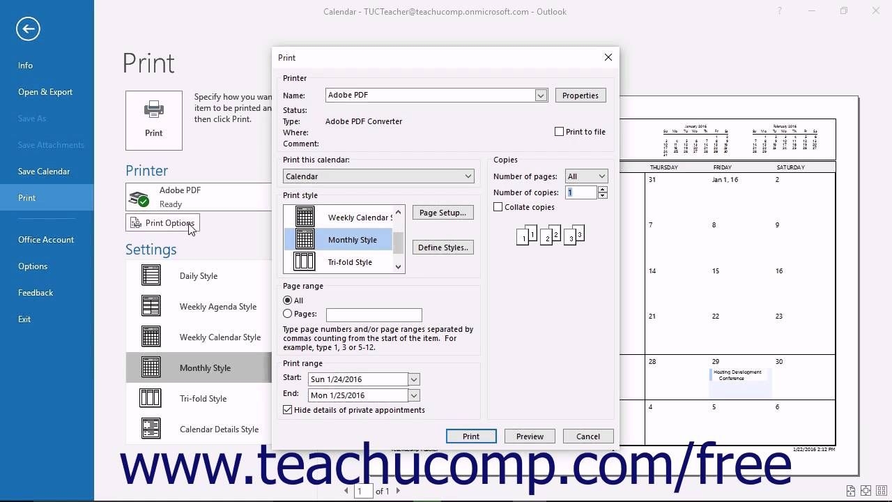 outlook 2016 tutorial printing the calendar microsoft training lesson