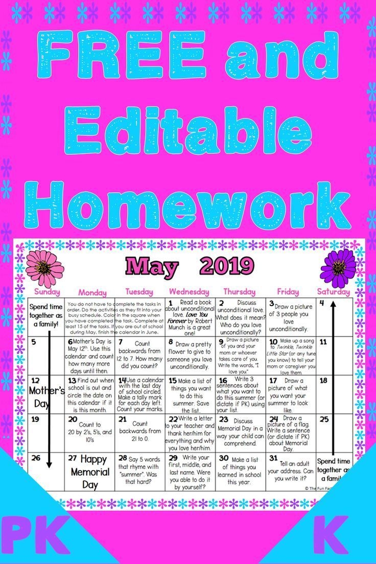 preschool and kindergarten monthly homework calendars are