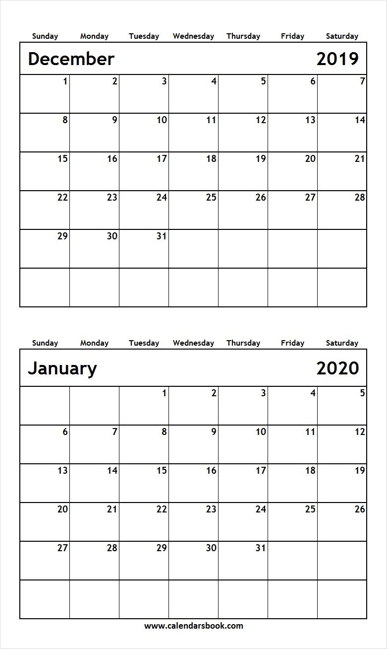 print december 2019 january 2020 calendar template | 2 month