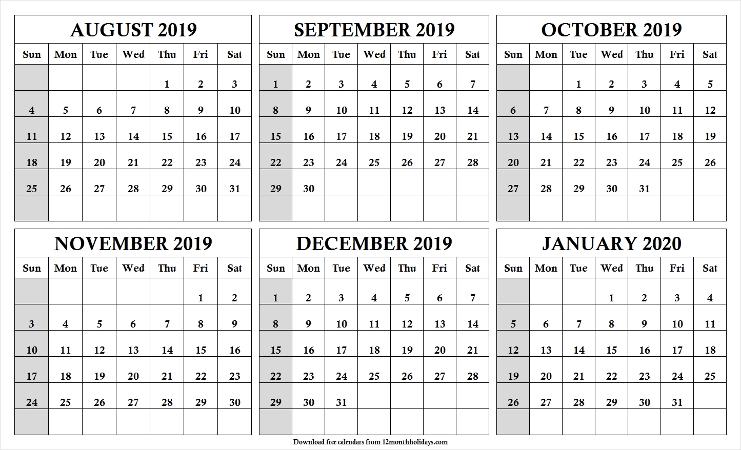 print free 6 month calendar august 2019 to january 2020 with