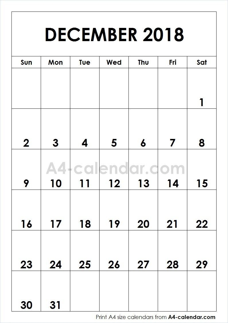 Print Free Blank December 2018 A4 Calendar From Www A4