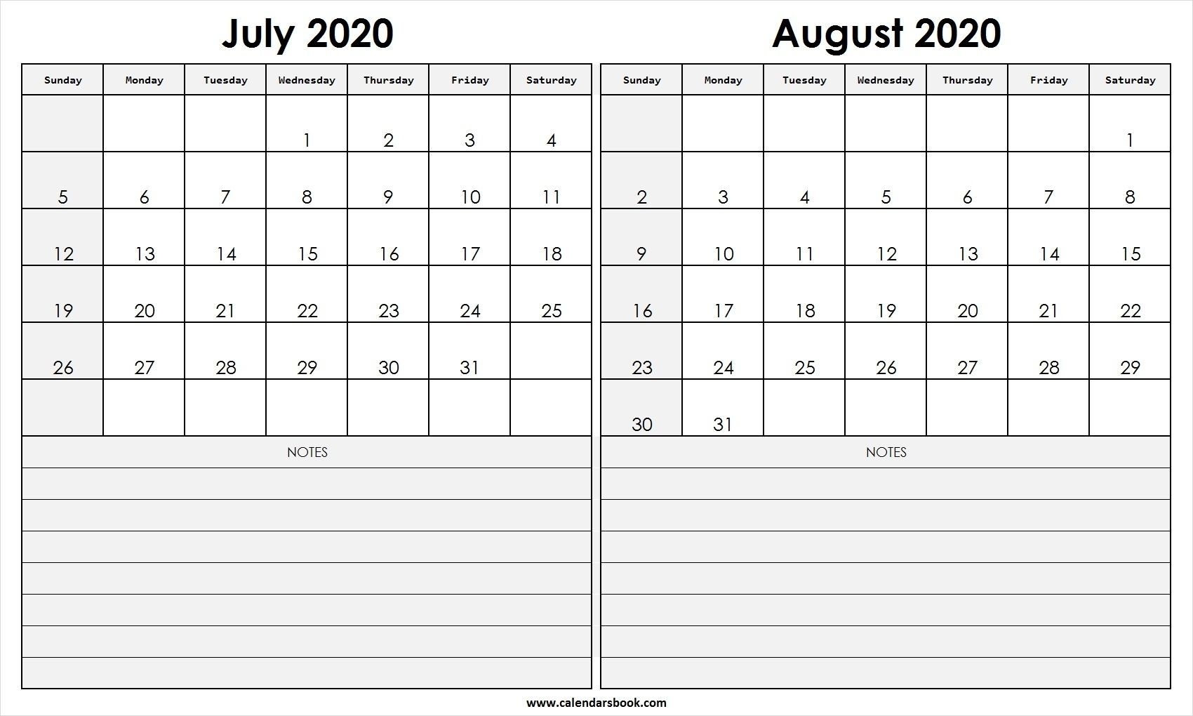 print july august 2020 calendar template | 2 month calendar
