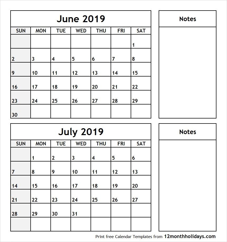 print june july 2019 calendar template | 2 month calendar