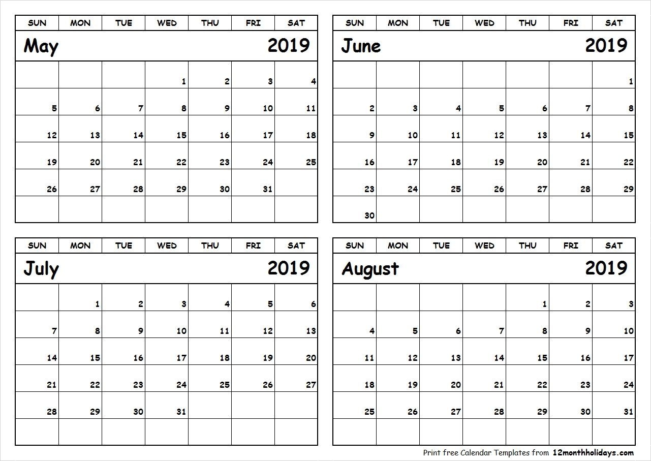 Print May To August 2019 Calendar Template | 4 Month