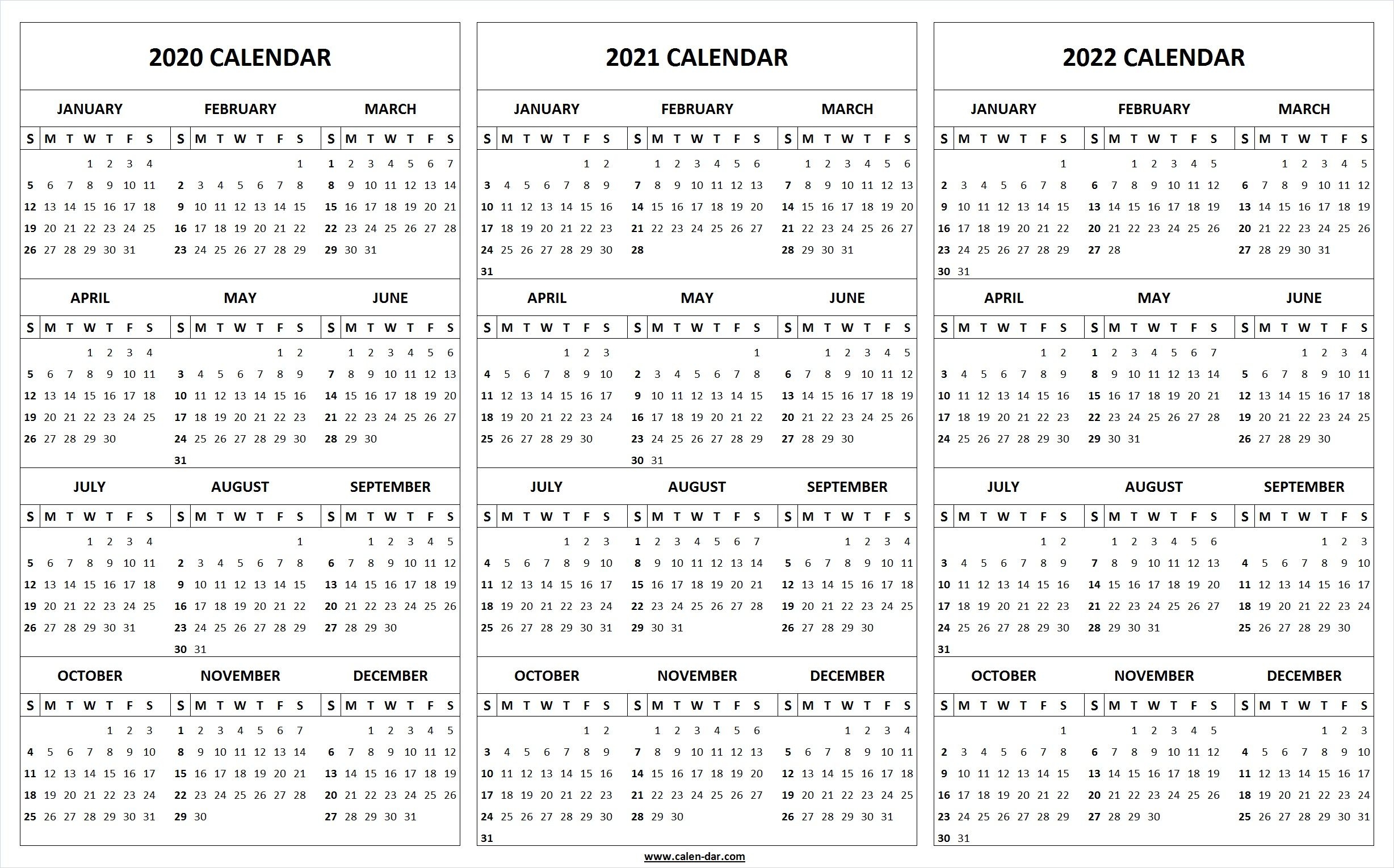 printable 2020 2021 2022 calendar template | 3 year editable