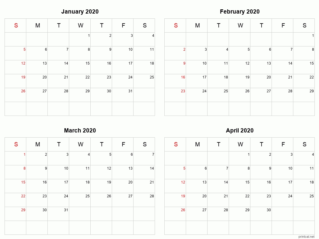 printable 2020 calendar four months per page | free