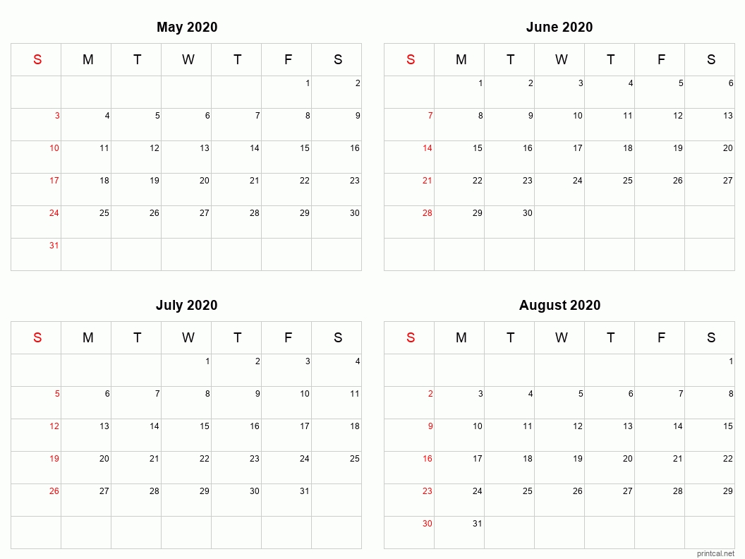 printable 2020 calendar four months per page | free