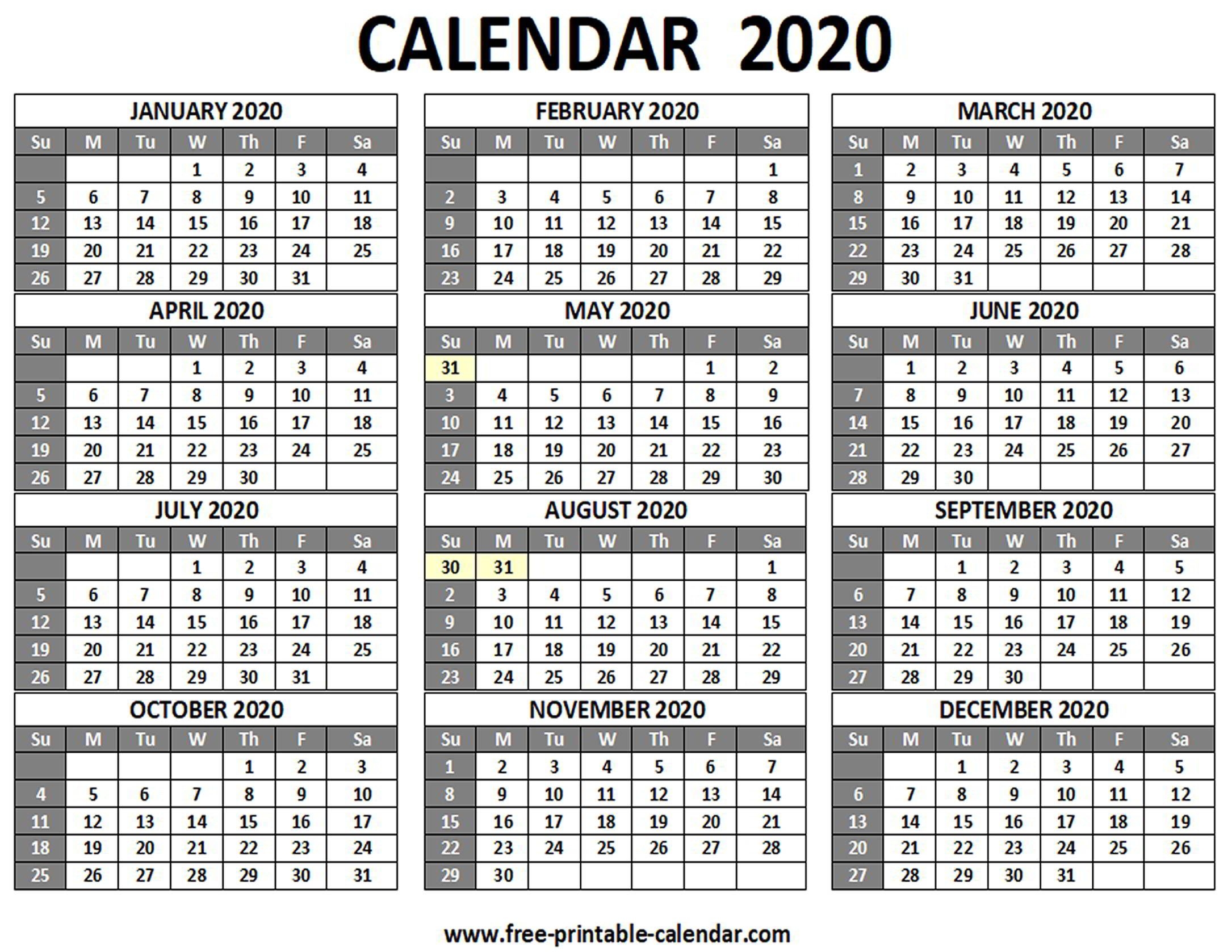 Printable 2020 Calendar Free Printable Calendar