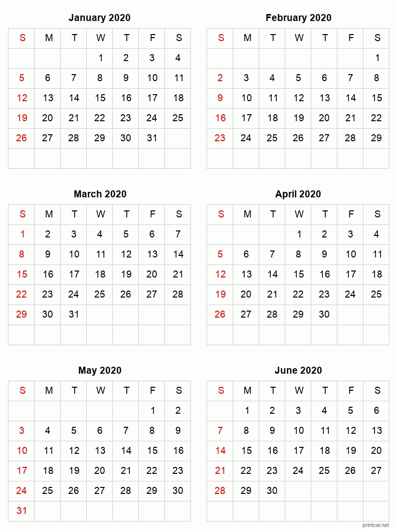 Printable 2020 Calendar Six Months Per Page | Free