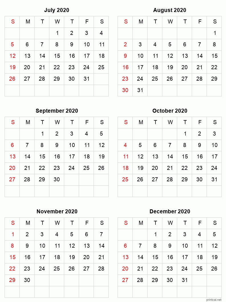 printable 2020 calendar six months per page | free
