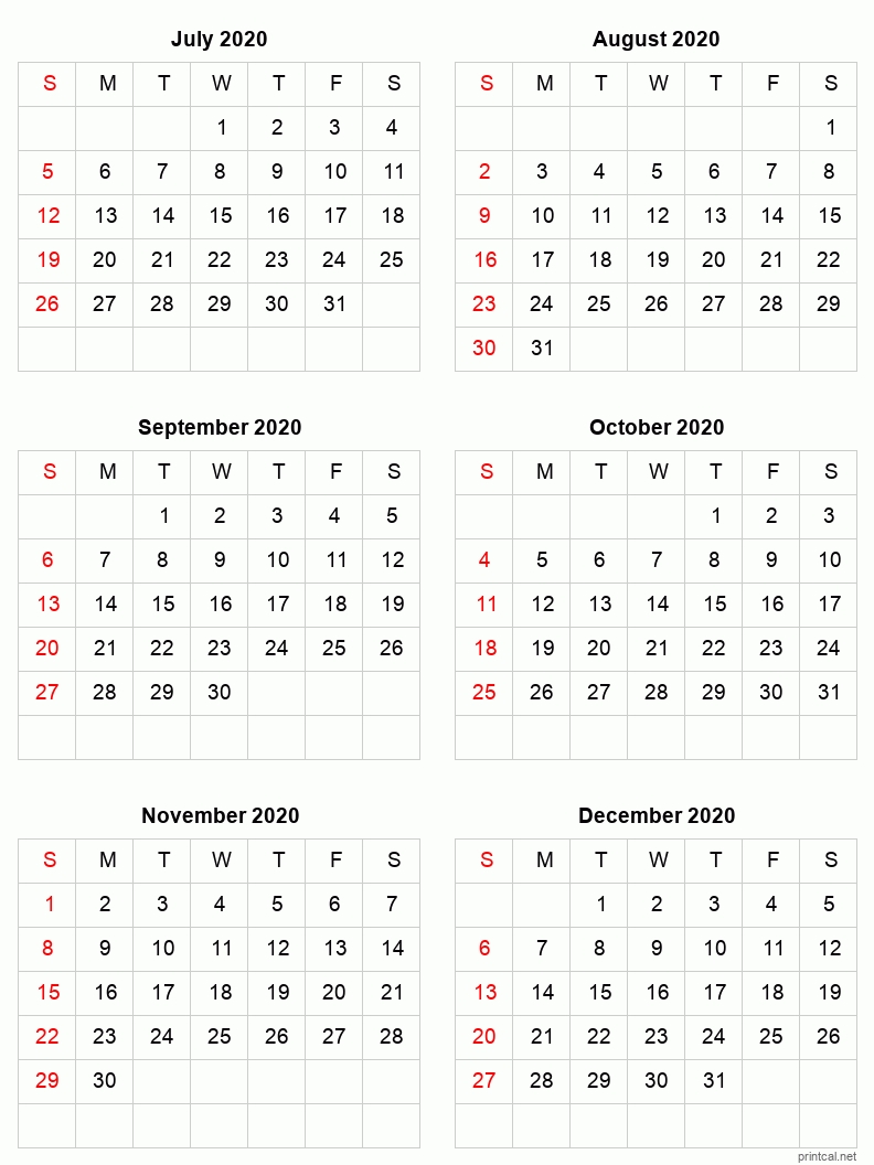 Printable 2020 Calendar Six Months Per Page | Free