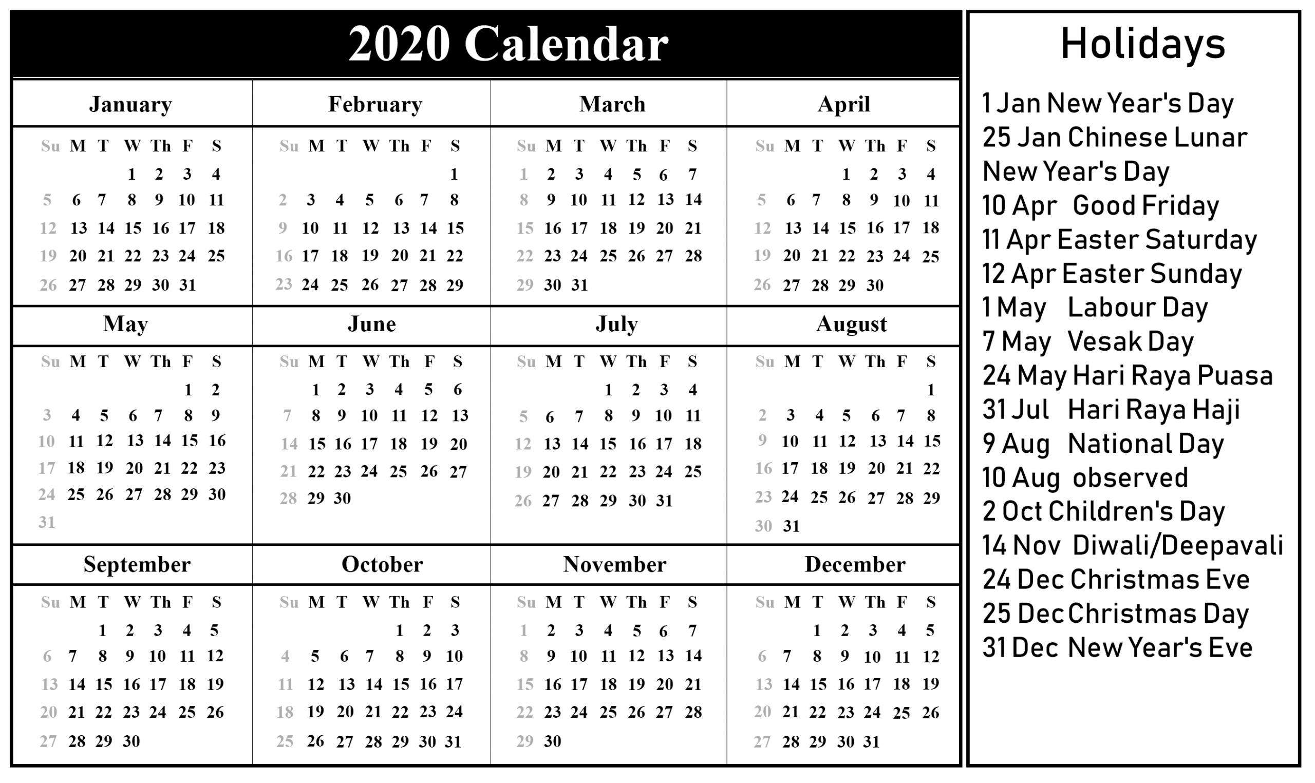 printable 2020 calendar with holidays | holiday calendar