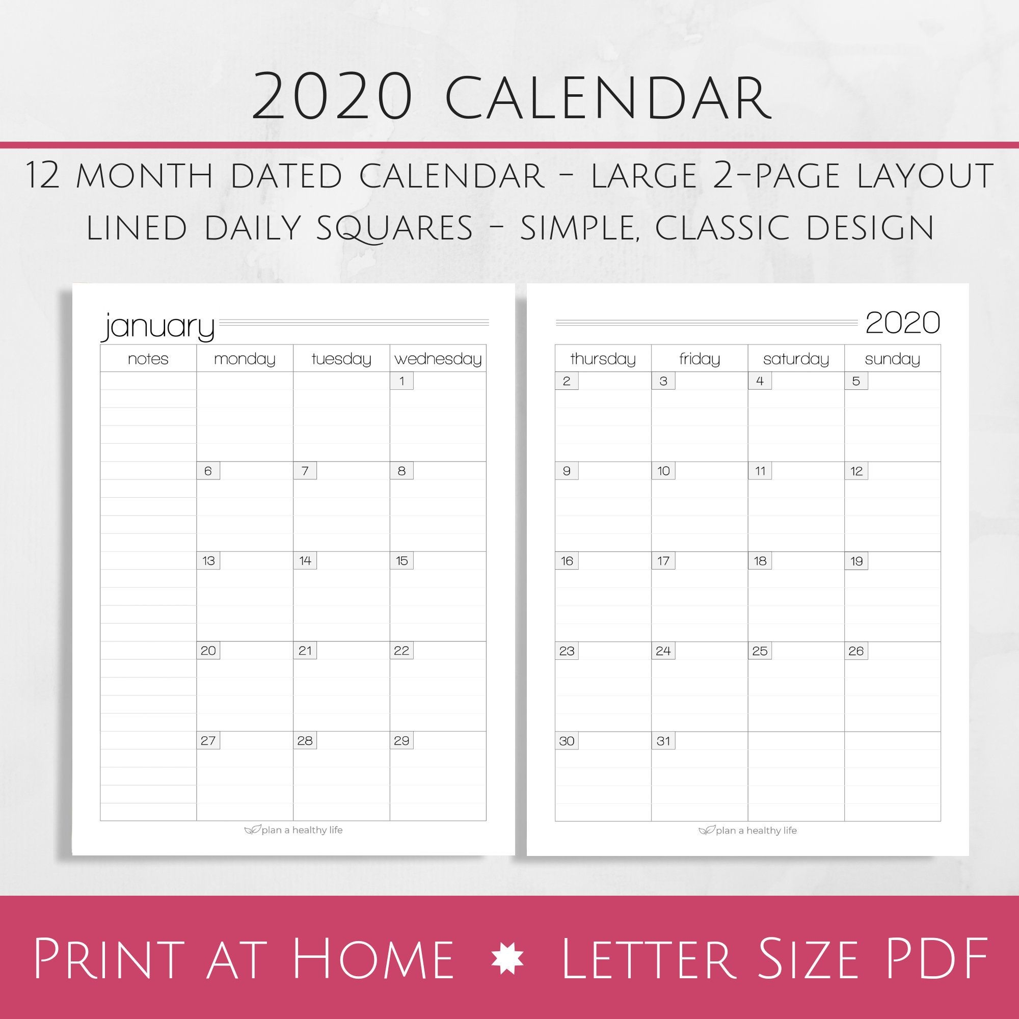 printable 2020 monthly calendar 8 5x11 letter size pdf 2020 planner insert instant download planner calendar