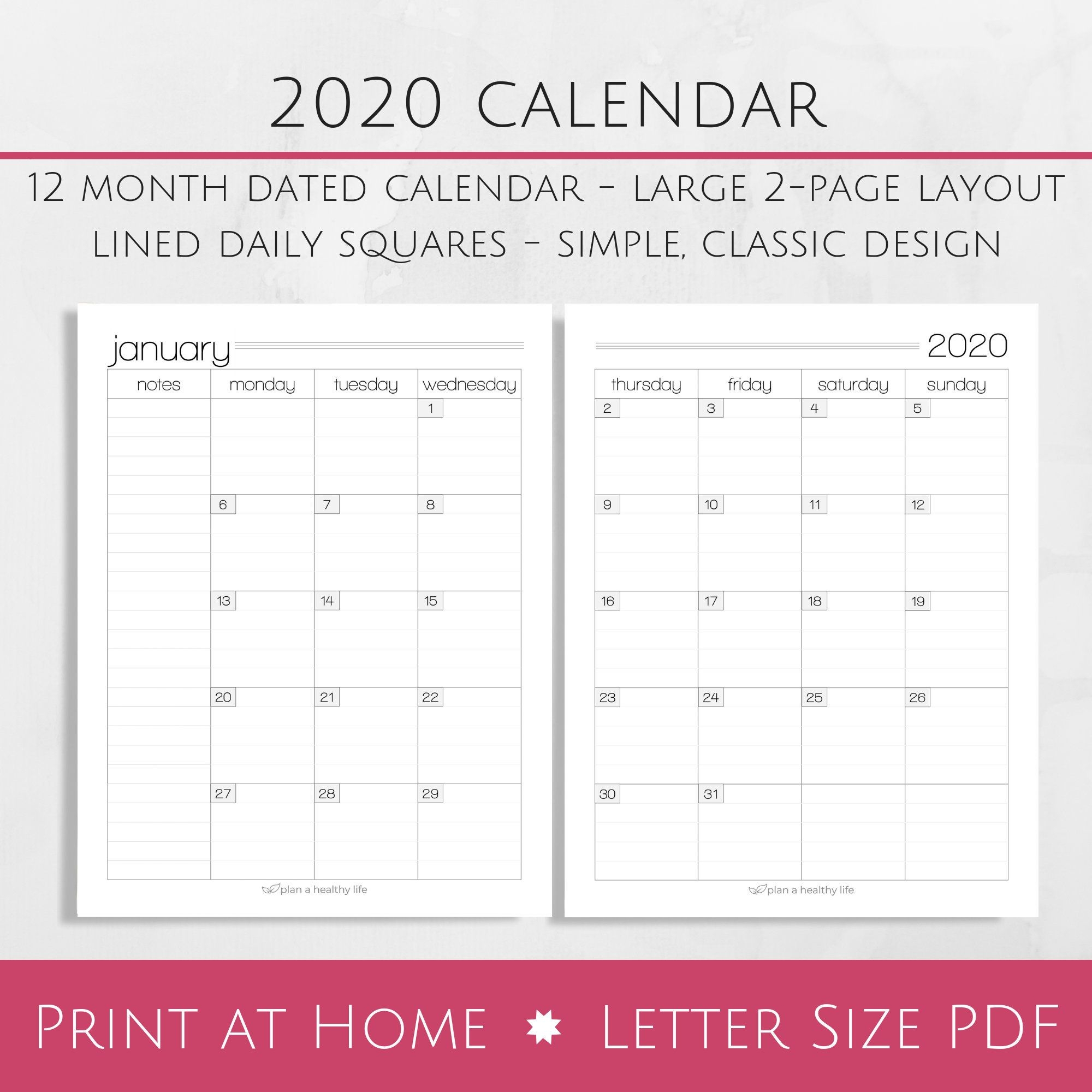 Printable 2020 Monthly Calendar 8 5×11 Letter Size Pdf 2020 Planner Insert Instant Download Planner Calendar