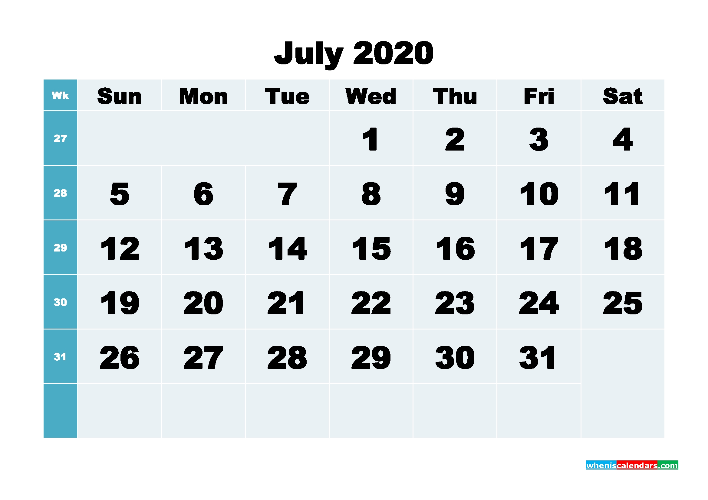 Printable 2020 Monthly Calendar With Week Numbers July