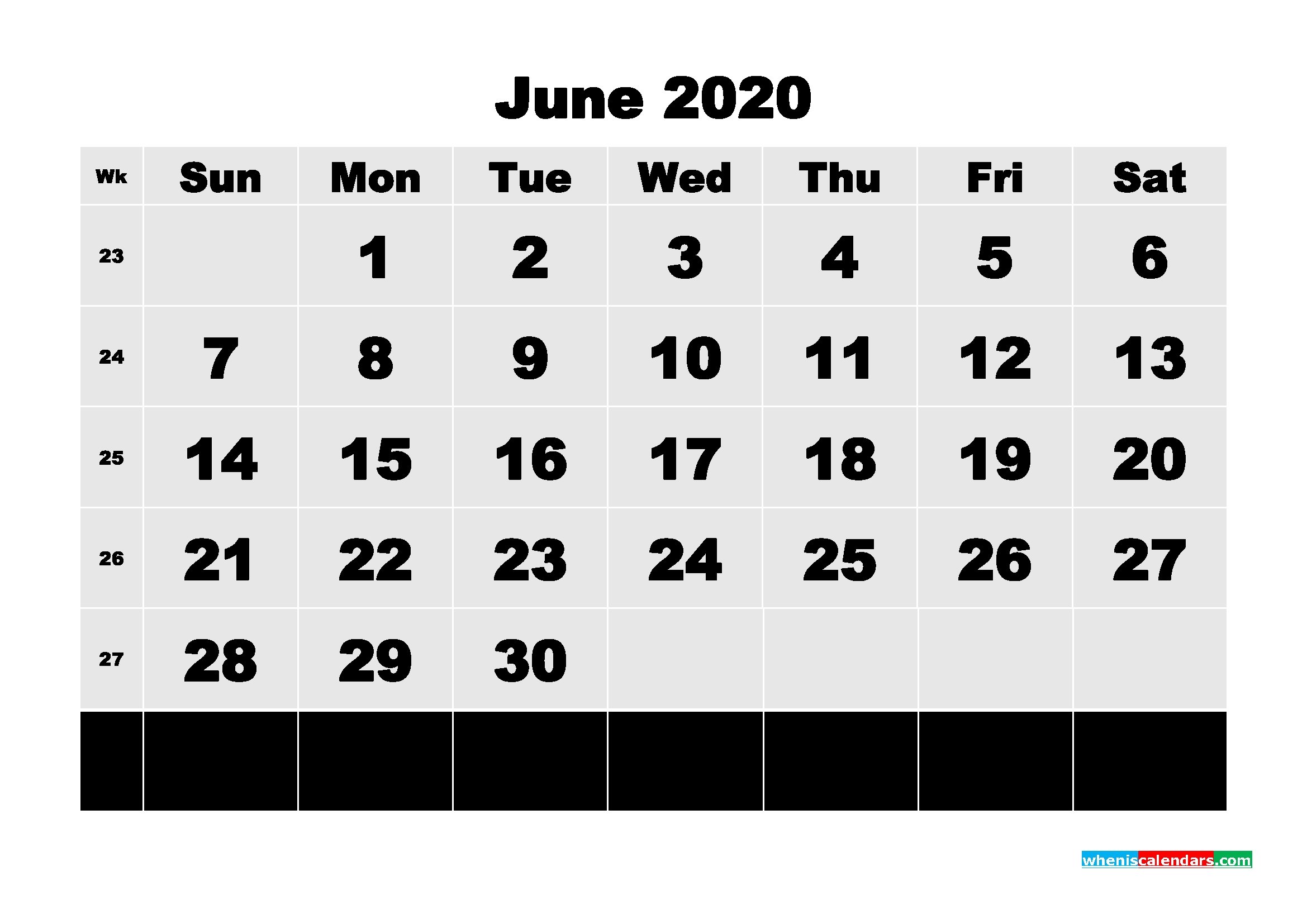 Printable 2020 Monthly Calendar With Week Numbers June